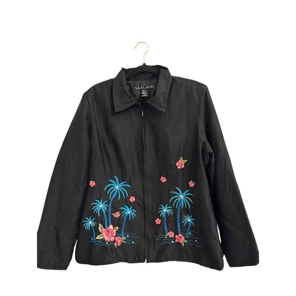Vintage Silkland zip-up jacket embroidered & beaded XL 100% silk 80's